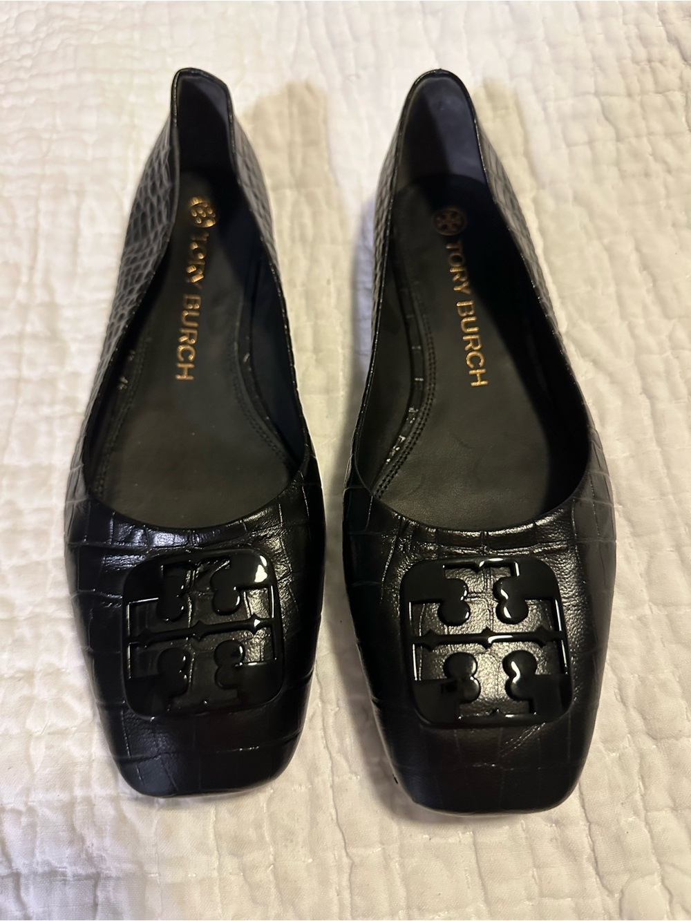 Tory Burch Black Croc-Embossed Logo Square-Toe Ballet Flats